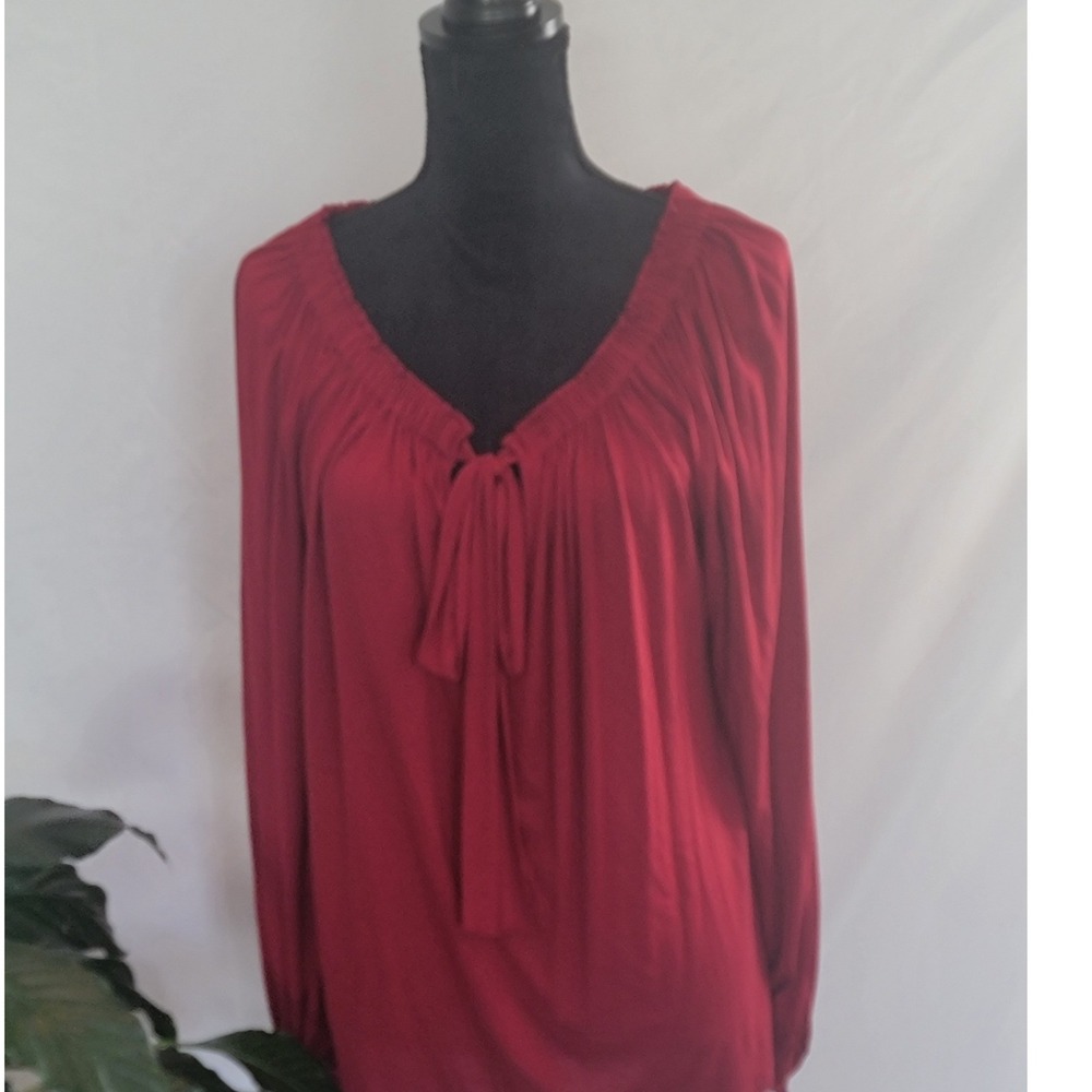 Karen Kane Red Peasant Blouse‎ Tie Neck Long Sleeve Top Womens Large